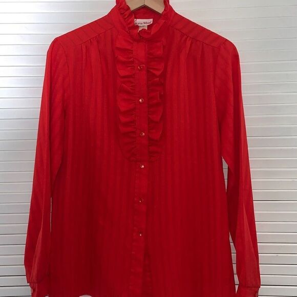Vintage Red Striped Victorian Ruffle Button Down Blouse Women’s Size 12 - Picture 2 of 13